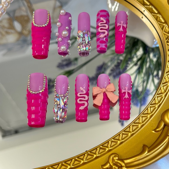 Long Square Pink Handmade Press On Nails - Picture 1 of 10